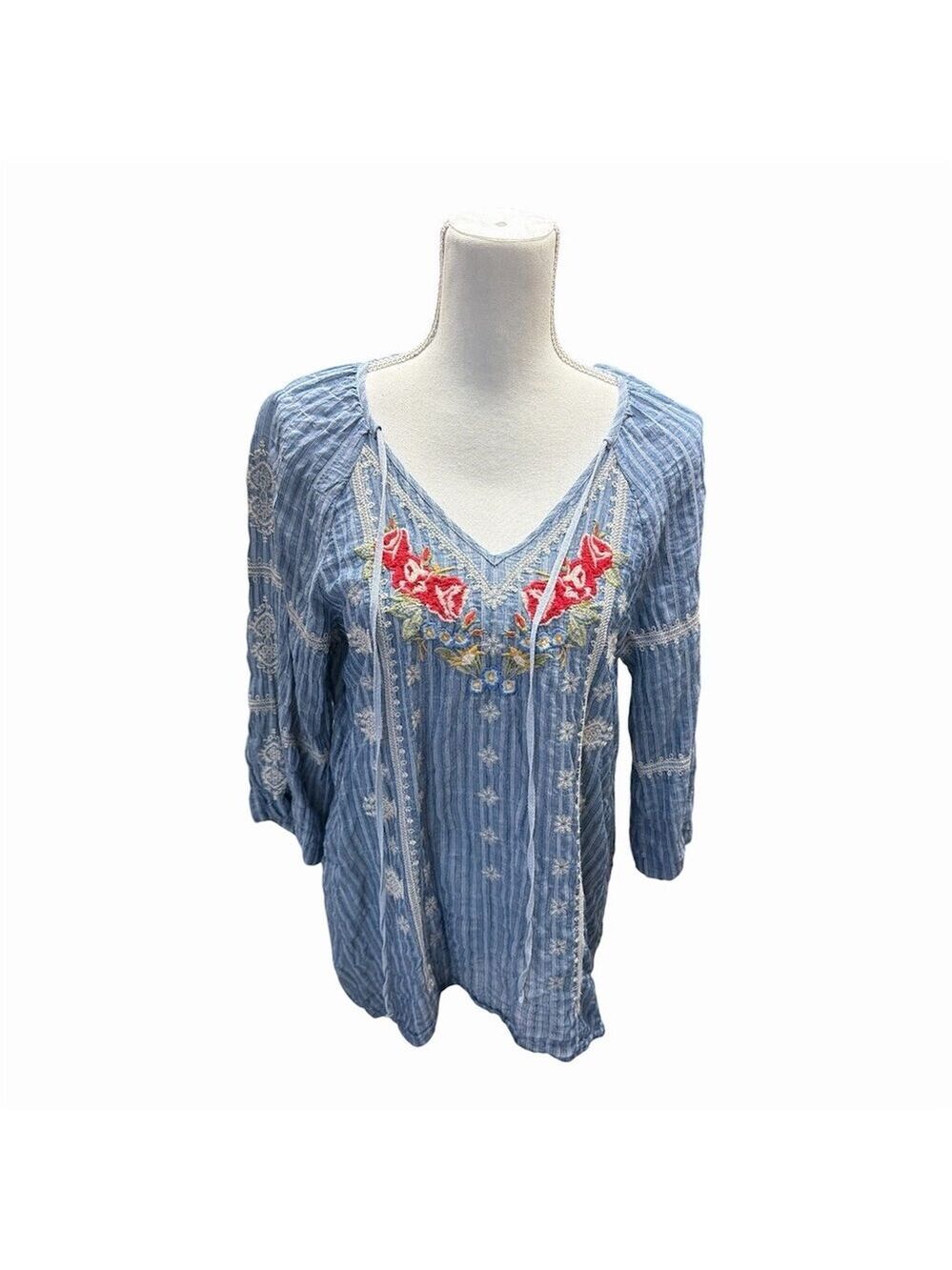 Johnny Was Allegra Peasant Top Women’s M Blue Floral Embroidered V-Neck Tie
